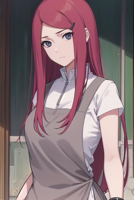 kushina, long hair, hair ornament, red hair, hairclip, (grey eyes:1.5), shirt, dress, jewelry, white shirt, short sleeves, apron, bracelet, green apron, collar,