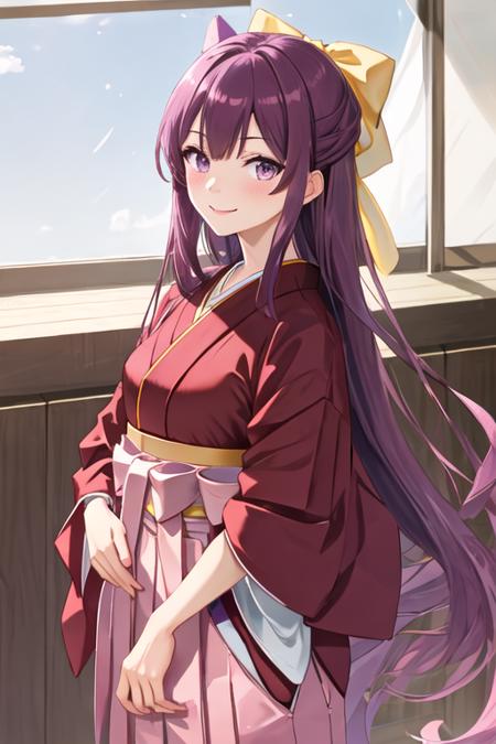 best quality, masterpiece, highres, solo, {kamikaze_kantaicollection:1.15}, long_hair, purple_hair, bow, hair_bow, purple_eyes, yellow_bow, hakama, pink_hakama, smile, tasuki, 1girl, alternate_costume, looking_at_viewer, jacket, track_jacket, upper_body