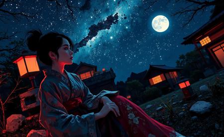 A bird's-eye close-up of a Japanese woman in elegant, ancient Japanese traditional clothing, sitting gracefully in a serene Japanese garden at night. Her intricate attire, featuring delicate embroidery and flowing fabrics, is beautifully illuminated by the soft glow of the moonlight. The night sky above her showcases the vivid Milky Way and a luminous moon, visible in the background at a slight angle. The dramatic Dutch angle adds a cinematic feel, while subtle elements of the garden, such as mossy stones and a softly glowing stone lantern, frame her from above. The warm light from a nearby Japanese ryokan highlights her serene expression and the intricate details of her outfit, blending intimacy and mysticism in a highly detailed, vibrant style.