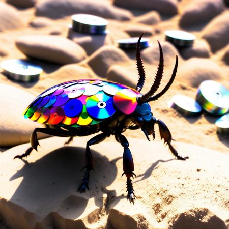 macro photo, stag beetle made of cd's sitting on a big rock, dirt, sand, outside, sun