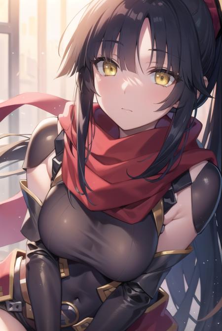 danzou katou, android, black hair, long hair, ponytail, (yellow eyes:1.5) bodysuit, covered navel, elbow gloves, gloves, scarf,