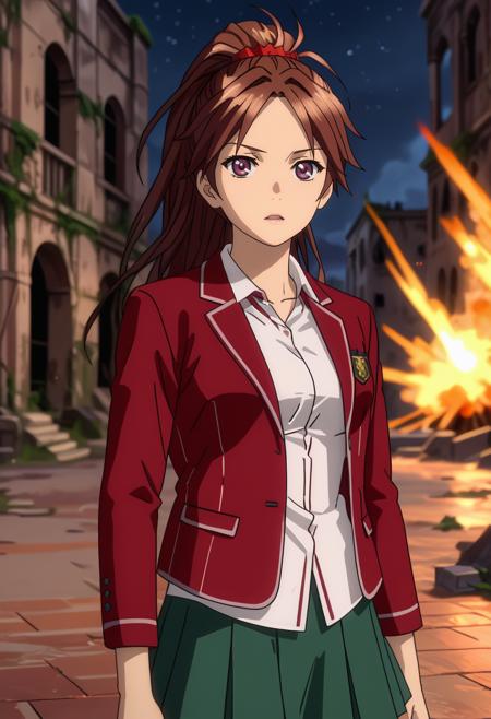 long hair, high ponytail, parted bangs, brown hair, purple eyes, hair scrunchie, red scrunchie AyaseCombatSuit, plugsuit, red bodysuit AyaseSchool, blazer, red jacket, collarbone, white shirt, red ribbon, pleated skirt, green skirt frilled dress, white dress, red ribbon, off shoulder, medium breasts