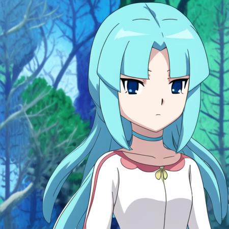 Fran  Fran (Inazuma Eleven) Flora (Inazuma Eleven) Flora light blue hair long hair blue aquamarine eyes white and pink dress-suit yellow flower in the middle of the collar teal necklace grey boots white dress pink details