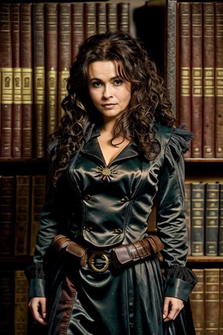 <lora:Helena_Bonham_Carter:1> 1woman, solo, mature hb1873c, , brown_hair, wavy hair, messy hair, comic book character costume ,  haunted library , dusk