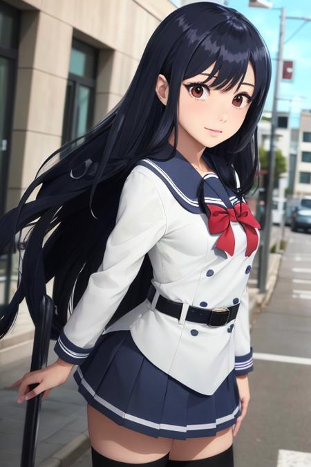 masterpiece, best quality,1girl, solo, yuri honjo,black hair,long hair,brown eyes,serafuku,white shirt,blue sailor collar,red bowtie,belt,blue pleated miniskirt,black kneehighs, <lora:yurihonjo:0.6>