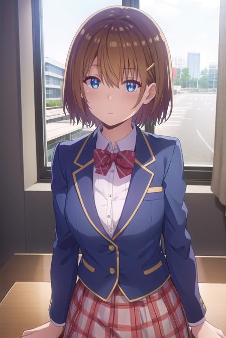 mizuhakiryuu, <lora:mizuha kiryuu s1-lora-nochekaiser:1>,
mizuha kiryuu, short hair, blue eyes, brown hair, hair ornament, hairclip,
BREAK skirt, bow, school uniform, jacket, plaid, plaid skirt, blazer,
BREAK indoors, classroom,
BREAK looking at viewer,
BREAK <lyco:GoodHands-beta2:1>, (masterpiece:1.2), best quality, high resolution, unity 8k wallpaper, (illustration:0.8), (beautiful detailed eyes:1.6), extremely detailed face, perfect lighting, extremely detailed CG, (perfect hands, perfect anatomy),