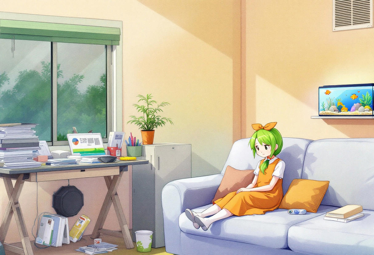 A green twintail girl in orange dress is sitting on the sofa while a messy desk under a big window on the left, a lively aquarium is on the top right of the sofa, realistic style