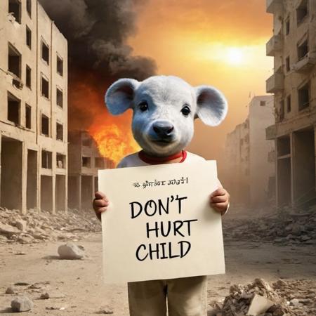 creative bio poster, animal, child, ruin city, smoke, damage, GAZA street, Holding up a piece of paper that says "Don't hurt child"