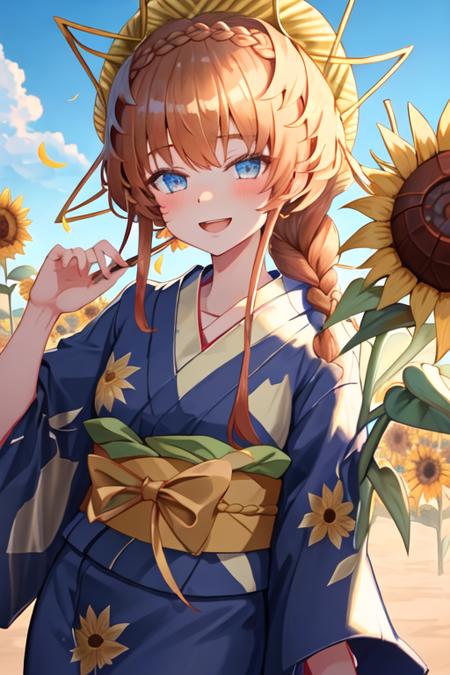 best quality, masterpiece, highres, solo, {yukata:1.40}, {kimono:1.20}, {van_gogh_fgo:1.15}, braid, long_hair, blue_eyes, bangs, side_braid, hat, orange_hair, crown_braid, smile, brown_hair, flower, sunflower, open_mouth