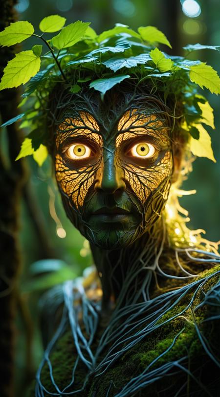 macro shot of a glowing forest spirit, leafy appendages outlined with veins of light, eyes a deep, enigmatic glow amidst the foliage.
