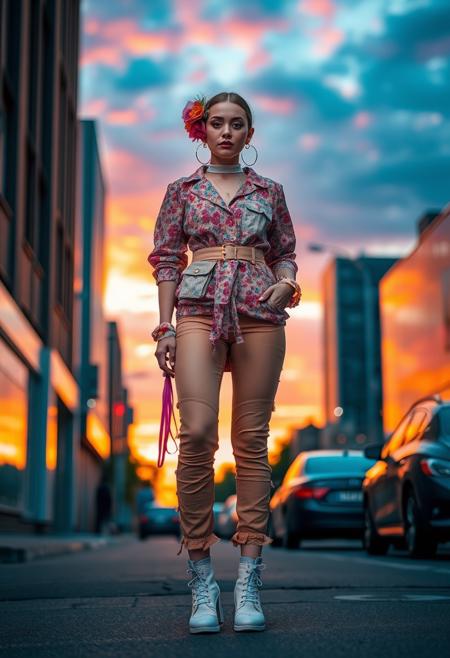 full body shot, fashionable adult, street fashion, vibrant colors, detailed textures, floral accessories, natural makeup, unique design, trendy outfit, urban setting, sunset sky, cinematic lighting, vibrant fall colors, dramatic shadows, high quality, textured fabrics, surrealist elements on clothes, modern fashion, photorealism, smooth skin, intricate details, stylish shoes, visible horizon, creative fashion, soft reflections, fantasy-inspired attire, (high resolution:1.4), elegant, stylish, playful fashion, harmonious color palette, pastel accents, refined style