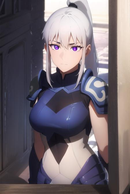 luna, ponytail, white hair, (purple eyes:1.1), armor, helmet,