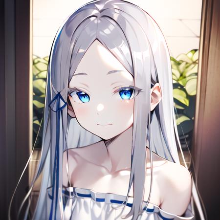 <lora:Pandora V1 [PandoraReZero]:1.2>, PandoraReZero, masterpierce, 1girl, solo, bare shoulders, blue eyes, grey hair, detailed eyes, white dress, colored eyelashes, upper body --no-half-vae