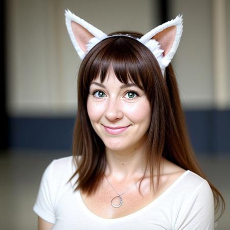 A realistic an cute girl. She has cat ears and a beautiful and delicate white skin.