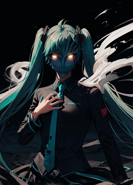 dark theme, ((hollowfication)), monster girl,  hatsune miku, spikes, glowing, smoke, upper body, <lora:hollowfication-08:1> <lora:LowRA:0.8>