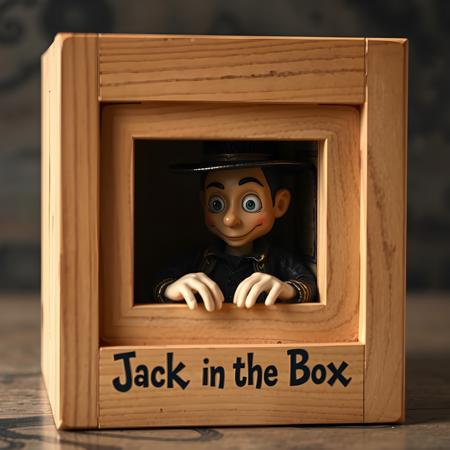 intricate photo realistic mysterious friendly looking jack in the square wooden box, "Jack in the Box" is written on the square wooden box.