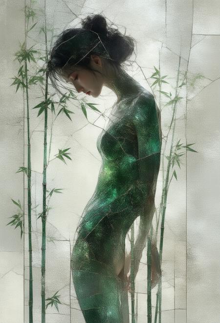 A dynamic and evocative depiction of a woman in a leotard, intertwined with bamboo stalks, rendered in a fractured, stained-glass Cubist style. The scene shatters into geometric shards, revealing fragmented perspectives of graceful movement, the smooth texture of the leotard, the cool, green hues of the bamboo, and a sense of controlled power, all bathed in a soft, diffused light. The palette utilizes deep emerald greens, vibrant crimson reds, and stark blacks, punctuated by bold white outlines and a subtle, inner luminescence highlighting the contours of the body and the intricate grain of the bamboo. Photorealistic details of the fabric's drape, the muscles' definition, the bamboo's knots and growth rings, and the skin's subtle sheen harmonize with the fragmented composition, creating a striking fusion of strength and elegance. Ultra detailed, 8k resolution, volumetric lighting, octane render, emphasizing the interplay of light and shadow and evoking a feeling of poised energy.