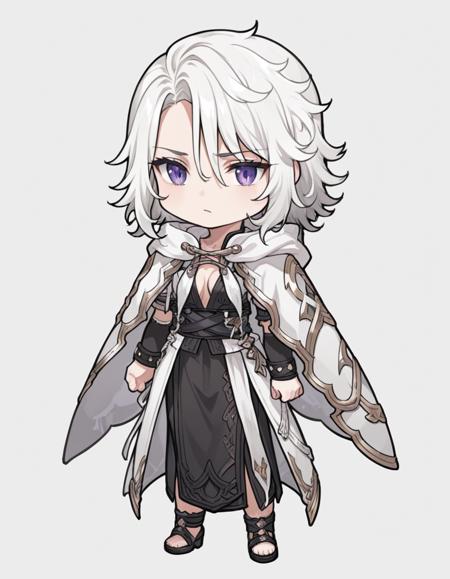 white hair, forehead, swept bangs, hair between eyes, side bangs, violet eyes, black sian costume, white cloak, black arm sleeve, bracelet, cleavage,