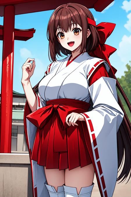 1girl, cowboy shot, (shrine:1.2), smile, open mouth, 
pb_waka, large breasts, brown eyes, brown hair, long hair, very long hair, red hair ribbon, headband, bow, japanese clothes, skirt, red hakama, hakama skirt, white thighhighs, <lora:PB_waka_lora_ver1-000008:0.7>, best quality, masterpiece, highres, <lora:GoodHands-vanilla:1>