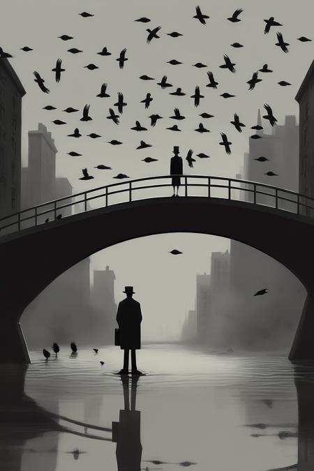 <lora:Alex Andreev style:1>Alex Andreev style - In the style of a dark New Yorker cartoon, create an image of a person standing on a bridge over a river, contemplating jumping off, with a flock of crows circling above.