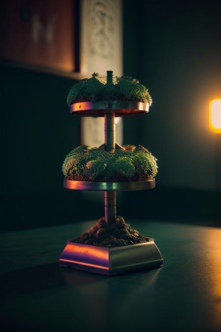 Generate a surreal image of an abstract and mechanical garden, where metallic flowers adorned with gears serve as petals and robotic vines climb imaginary structures. a lie, 
Ultra High Definition, Impeccable Detail, Premier Quality, Best-in-class, (Photorealistic), (Lifelike), Top quality, score_9, score_8_up, score_7_up, score_6_up, score_5_up, score_4_up,  perfect shadows, perfect lighting, night, backlighting, Cinematic, dark moody lighting, film grain, mysterious atmosphere, storytelling,