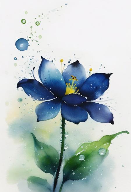 ink painting, a dancing flower and dew