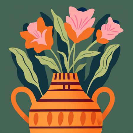 flat design, illustration, vase, flowers, leaves, pink, green, orange, simple, pattern