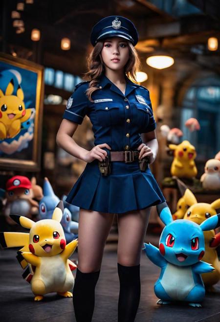 20yo officer jenny (Pokemon), big breast, short skirt, opened shirt, detailed eyes, in a pokeon center, surrounded by pokemons, (cinematic lighting:1.3), full body, Fujifilm XT3,(sharpen light:1.2),(intricate shadows:1.3),((heroic:1.6)),cinematic shot,perfect eyes, Canon RF85mm f/1.2, masterpiece ,best quality,ultra high resolution,cinematic lighting,reflections,HDR,8K resolution,
