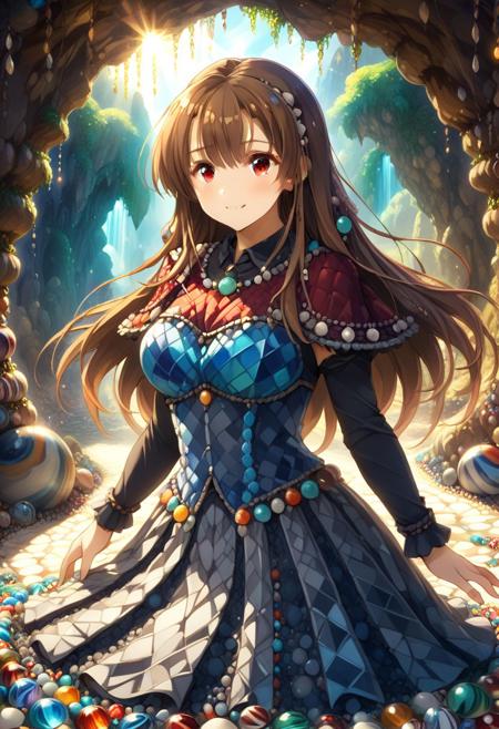 masterpiece, best quality, high quality, (sfw), intricate detail, vivid, bright colors, made of marbles, 
1girl, YurYuna, red eyes, brown hair, long hair, dress made of marbles, capelet, warm clothes, marbles around, fantasy world, 
happy, calm, 
outdoors, cave, many lights, fantasy, sunlight, glow, 
art, aesthetic,