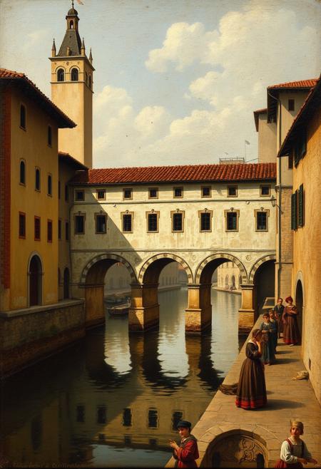 architectural painting, postel, renaissance, italian city 16th century, Great Covered Bridge, over the river 7 arches, Pavia, oil painting, texture of brush on painting, not clear lines, muted colors, painting by young medieval artist, people in renaissance clothes