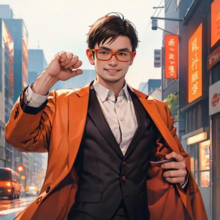 <lora:KKROME_v1:1> 1man asian 40yo, grin , monoeyelid , RangsimanROME , wear thick glasses ,formal orange coat with white shirt holding orange , dynamic pose , cityscape , master piece , rim light , best quality, extremely detailed, simple solid color background