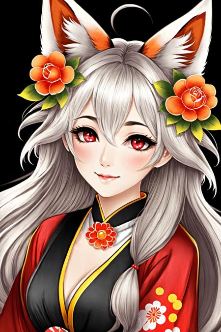 Enigma_Kitsune,  1girl,  solo,  long hair,  looking at viewer,  smile,  hair ornament,  red eyes,  gloves,  long sleeves,  dress,  holding,  animal ears,  medium breasts,  very long hair,  tail,  flower,  white hair,  grey hair,  parted lips,  black gloves,  puffy sleeves,  hair flower,  black dress,  collar,  from side,  animal ear fluff,  looking to the side,  petals,  fox ears,  makeup,  fox tail,  facial mark,  juliet sleeves,  black background,  red flower,  fox girl,  multiple tails,  eyeshadow,  red rose,  forehead mark,  holding flower,  sideways glance,  black kimono,  falling petals,  kitsune,  red eyeshadow,  red eyeliner,  official art,  specular highlights, <lora:EMS-20996-EMS:0.800000>