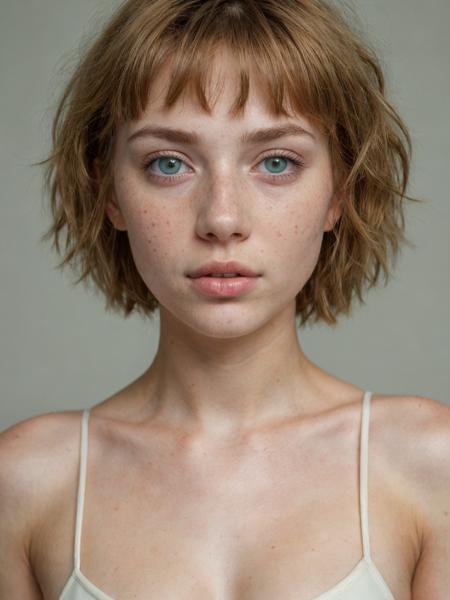 close-up shot of a stunning and cute 22 year old with light short ocre hair, clear green eyes, submissive look, freckles, beauty spots, hard shadows