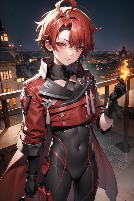 (extremely detailed CG unity 8k wallpaper), (best quality), (ultra-detailed), 1boy, flayon, standing, looking at viewer,  <lora:flayon:0.7>, flayon, red eyes, gloves, jacket, bodysuit, ahoge, smiling, red castle background