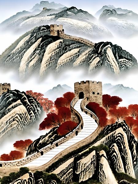 Chinese porcelain painting, mountain, Great Wall,  <lora:Chinese_porcelain_painting_V1:1>