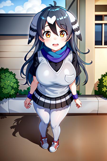 <lora:RockDoveKemonofriends_Kawarabato:0.6>,KAWARABATO

1girl,solo,masterpiece, best quality, high quality,delicate facial features,mishoujo,hyper_detail,game cg, finely detailed beautiful eyes and detailed face,lustrous skin,colorful

rock_pigeon_(kemono_friends),bird_girl,head wings,long hair, multicolored hair, grey hair, black hair, bird tail, bird wings, orange eyes,brown eyes, hair between eyes,large breasts, 

multicolored clothes,shirt,vest,pleated skirt,pantyhose, scarf, shoes,  short sleeves, wristband,

(looking at viewer:1.4), (full_body:1.3),(standing:1.4),blush,smile,open mouth,:3,

(city:1.3),(street, ),blue_sky,cloud,