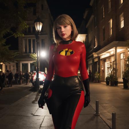 Taylor Swift cosplaying as Helen Parr BREAK
outdoors, sidewalk, night, street light glow, Halloween night BREAK
<lora:taylorswift:1> taylorswift
 <lora:HelenParr:0.4> helenparr