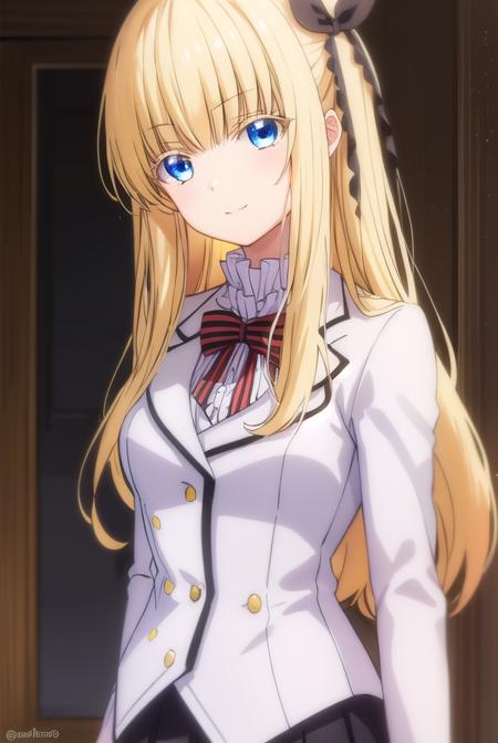 julietpersia, <lora:juliet persia s1-lora-nochekaiser:1>,
juliet persia, long hair, bangs, blue eyes, blonde hair, black ribbon, black bow, hair ribbon, hair bow, smile,
BREAK skirt, shirt, thighhighs, long sleeves, school uniform, jacket, white shirt, pleated skirt, shoes, striped, miniskirt, bowtie, black skirt, red bow, zettai ryouiki, black ribbon, garter straps, blazer, (white jacket:1.5), striped bow, striped bowtie,
BREAK indoors, classroom,
BREAK looking at viewer, (cowboy shot:1.5),
BREAK <lyco:GoodHands-beta2:1>, (masterpiece:1.2), best quality, high resolution, unity 8k wallpaper, (illustration:0.8), (beautiful detailed eyes:1.6), extremely detailed face, perfect lighting, extremely detailed CG, (perfect hands, perfect anatomy),