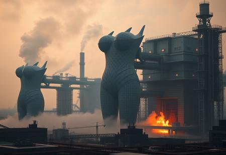 bleak industrial landscape, smog, megastructure, impossible architecture, nightmare landscape, industrial factory, fire, furnace, architecture shaped like female anatomy, building shaped like a female body, line up of gigantic female-shaped buildings,