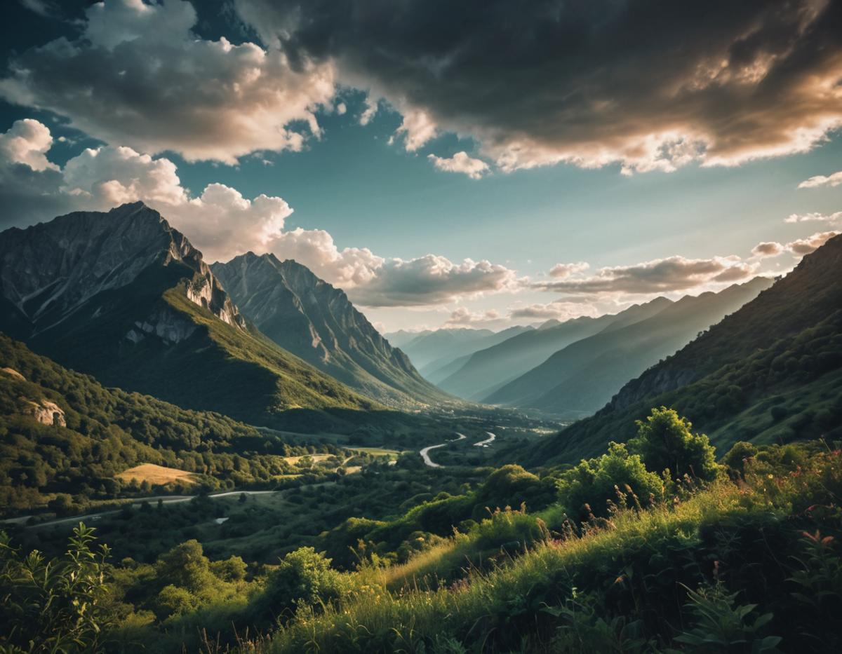 photograph photograph of a beautiful and surreal view with mountains, vegetation and a beautiful sky, 50mm . cinematic 4k ...