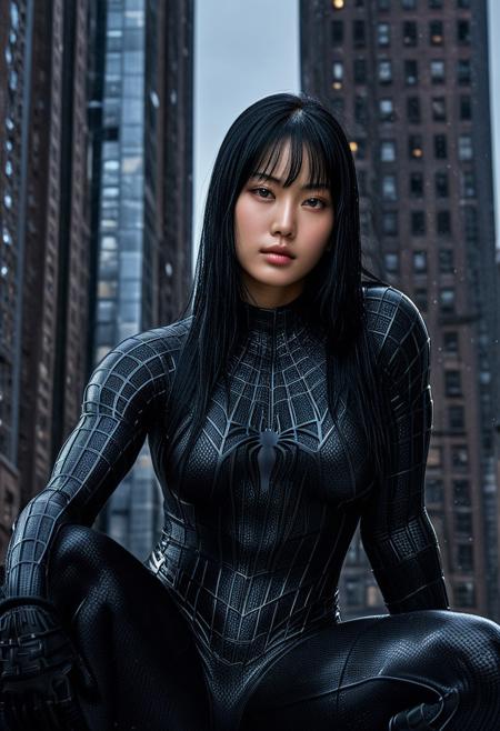 score_9, score_8_up, score_7_up, best quality, realistic, masterpiece, beautiful detail, hyperrealistic, ((1girl, woman body, huge breasts)), amazing detailed full body portrait of a beautiful japanese girl, wearing a realistic and highly detailed black raimi spider-man suit, ((huge muscular girl)), professional model wears ultra - detailed black raimi spider - man suit, ultra - detailed and grained black raimi spiderman suit, suit covered entire body and hand, black spiderman gloves, wet, (full body), (sitting on top of building), black hair, octane render, highly detailed, volumetric, dramatic lighting, (highest quality:1.1), (HDR:1.3), (top quality, best quality), realistic, high definition, Expressionism - sharp focus, professional photography, masterpiece, ultra detailed photograph, high quality, 8k,