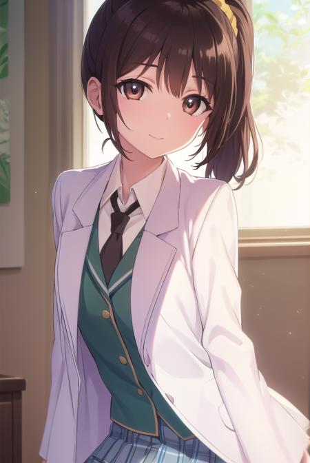 rikashiguma, <lora:rika shiguma s2-lora-nochekaiser:1>,
rika shiguma, brown hair, (brown eyes:1.3), ponytail, glasses, scrunchie, yellow scrunchie, smile,
BREAK school uniform, necktie, labcoat,
BREAK indoors, classroom,
BREAK looking at viewer, (cowboy shot:1.5),
BREAK <lyco:GoodHands-beta2:1>, (masterpiece:1.2), best quality, high resolution, unity 8k wallpaper, (illustration:0.8), (beautiful detailed eyes:1.6), extremely detailed face, perfect lighting, extremely detailed CG, (perfect hands, perfect anatomy),