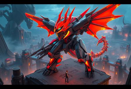 epic details Intricate mecha robot inspired by Hot Red Dragon Archfiend Abyss, gray with vibrant orange and blue accents, long neck, tail, dinosaur-like silhouette, heavily armed with multiple cannons, standing in dynamic pose amidst Ancient City - Rainbow Ruins. Isometric view, captivating lighting, cinematic atmosphere. Trending on Artstation, CGSociety, 4K, Octane render, Unreal Engine 5, beautiful matte painting, intricate detail, sharp lines, illustrated by Greg Rutkowski, Robert Horn, Filip Hodas.