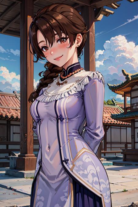 <lora:Yinger-10:0.7>, 1girl, solo, brown hair,  dress, long hair, brown eyes, long sleeves , jewelry, necklace, facing_viewer , single braid, braid,  hair over shoulder , blush, smile, ( arms behind back,  )
scenery, day, sky, clouds, east asian architecture, temple