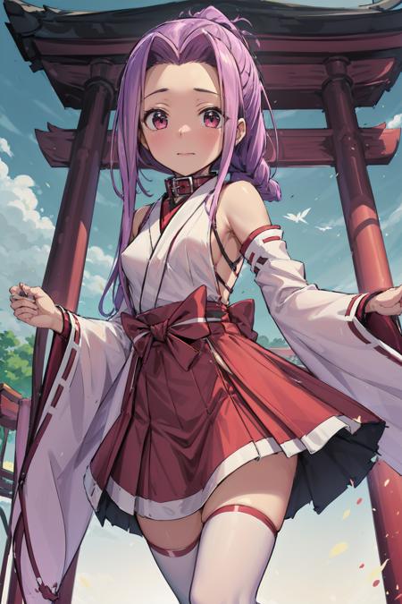 1girl, looking_at_viewer, solo, highres, masterpiece,  <lora:Ana:0.65>, Ana, (pink hair:0.6), (purple hair:0.7), braided ponytail, small breasts, closed mouth, embarrassed, (child), (miko), shrine, detached collar, detached sleeves, hakama, hakama skirt, japanese clothes, kimono, red_tassei