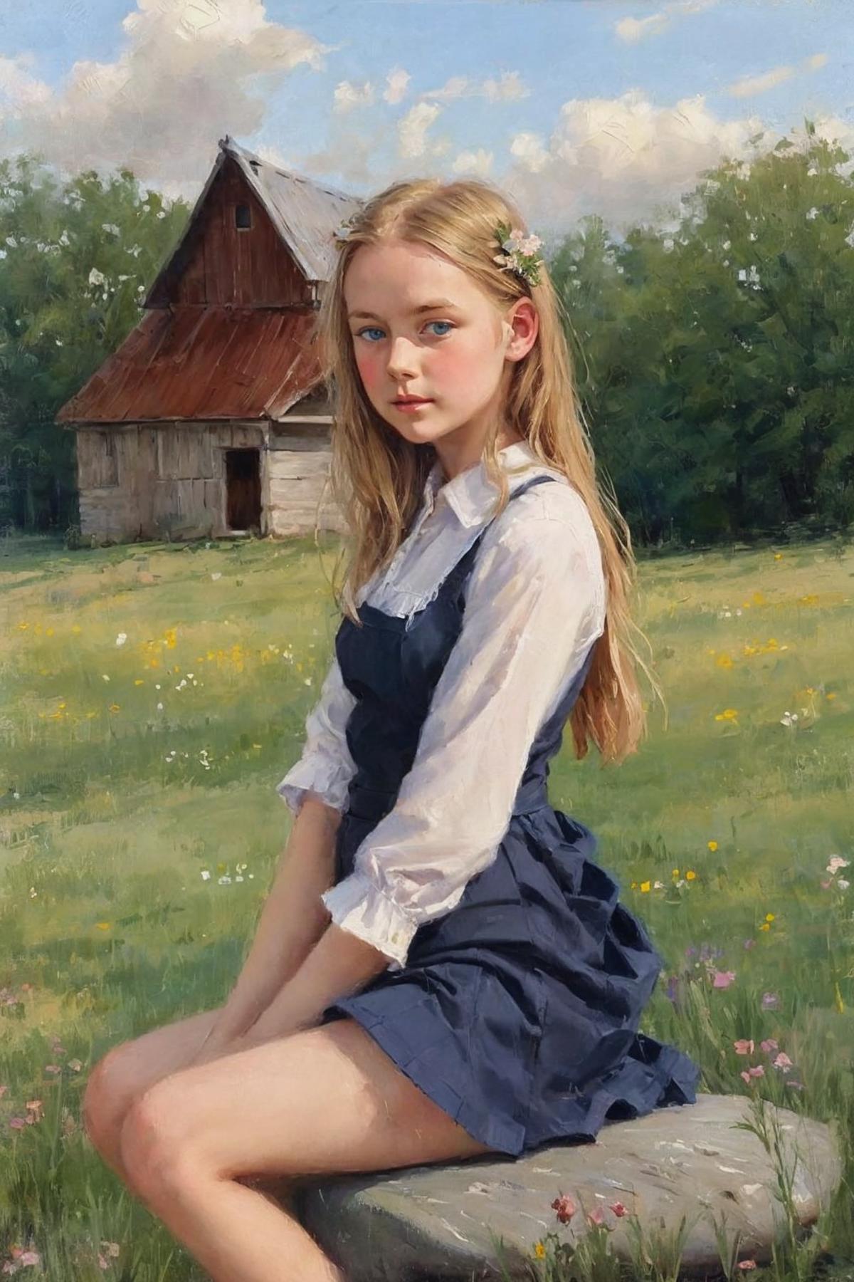 A Little Girl with Blonde Hair and a Blue Dress Sitting in a Field.