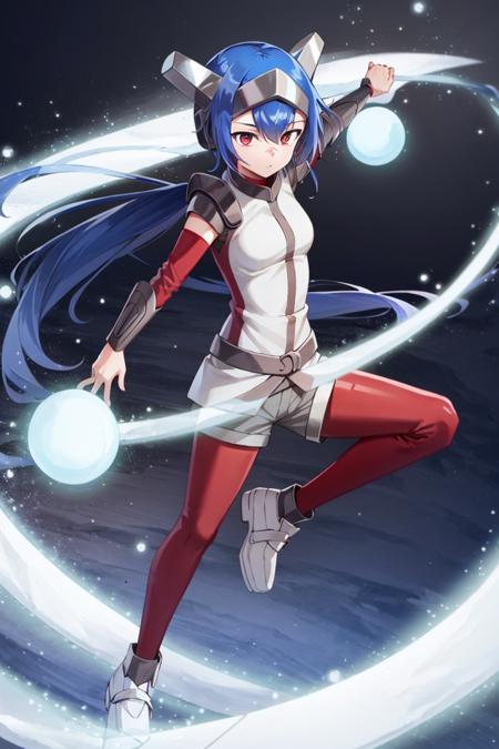 <lora:Lea:1>, leaCode, 1girl, solo, red eyes, ponytail, pauldrons, grey shorts, detached red sleeves, bracers, full body, standing, standing on one leg, leg up,, masterpiece, best quality,