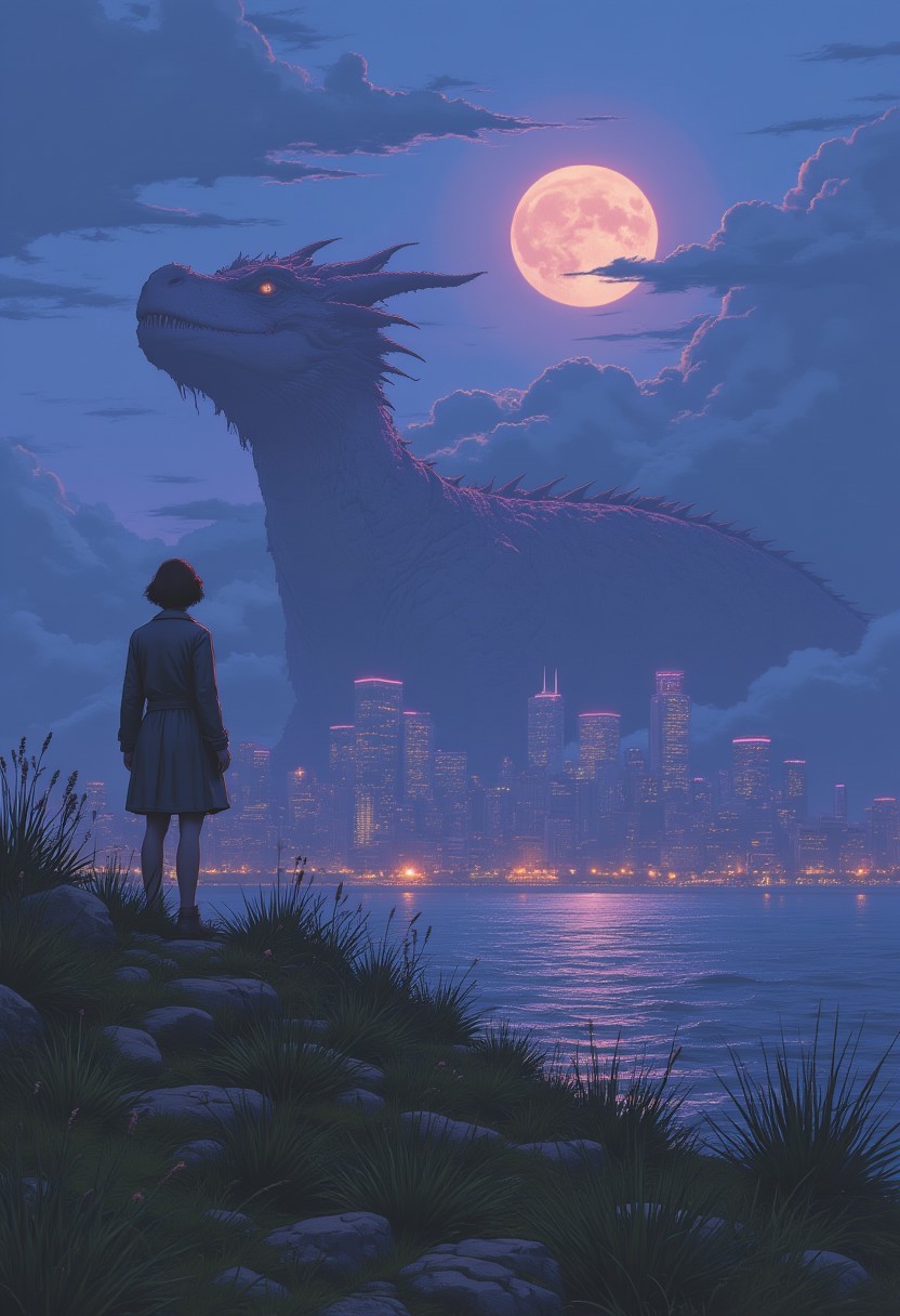 An awe-inspiring night scene where a massive dragon surrounded by clouds looms over a sprawling modern city under the glow of a full moon that dominates the sky. Below, the city is alive with vibrant lights reflecting off still waters in the mid-ground. A lone figure, clad in a long coat, stands on a rocky outcrop in the foreground, gazing up at the dragon. 