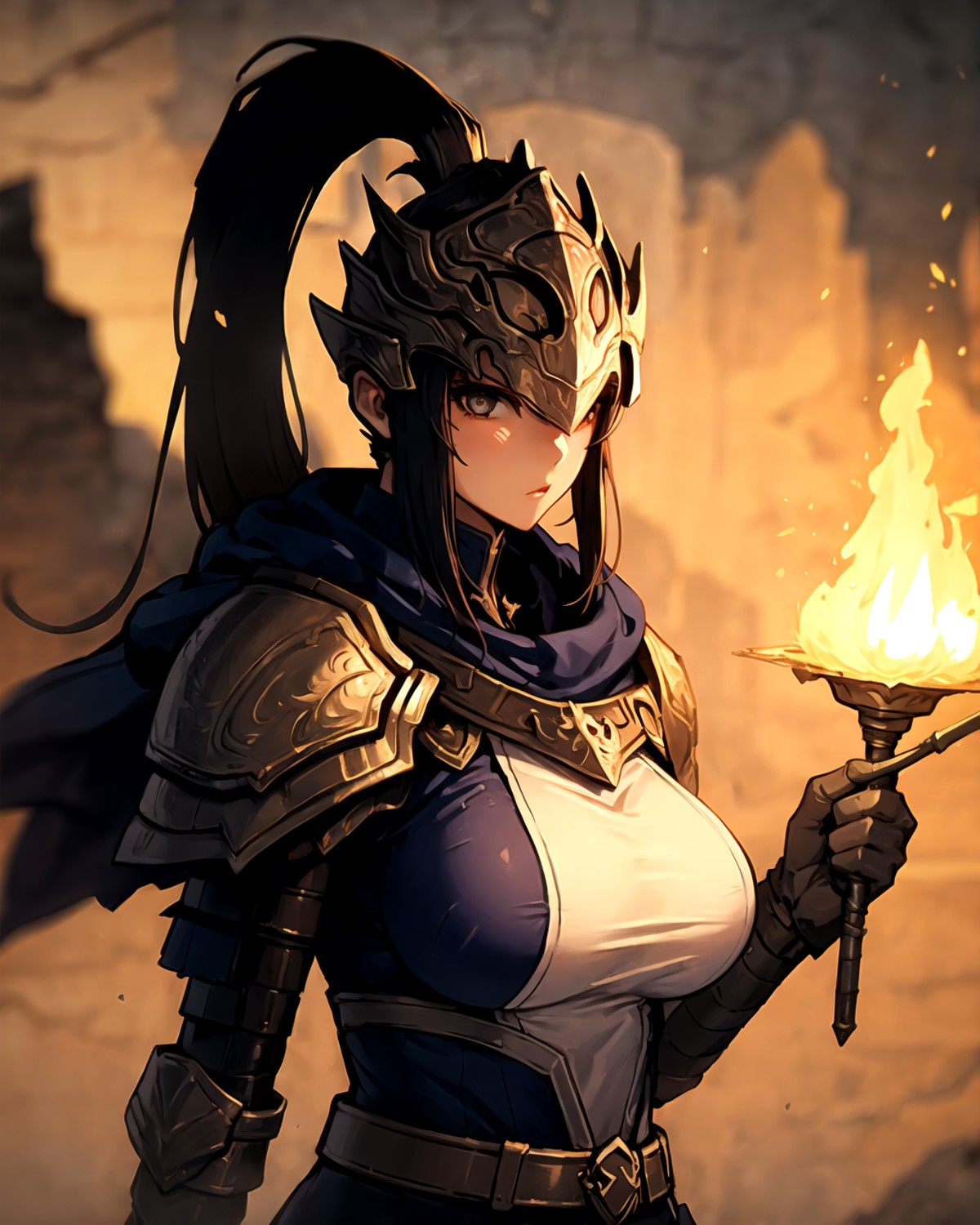 1girl, large breasts, knight,upper body, helm, ponytail , cloak, <lora:Artorias:0.8>, cave, fire background