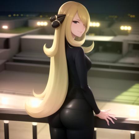 <lora:character_pokemon_cynthia_v4:1> cynthia \(pokemon\), (stadium, crowd hand on railing, night:1.2), 1girl, solo, cowboy shot, standing, from behind, from above, from side, hair over one eye, looking at viewer, looking back, smile, closed mouth, v-neck, long sleeves, pants, hair ornament,